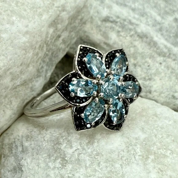 NWT Santa Maria Aquamarine & Black Spinel Daisy Ring Sz 10 Platinum 925 1.25ctw - Picture 8 of 17